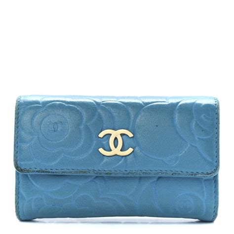 CHANEL Lambskin Camellia Embossed Flap Card Holder Blue 